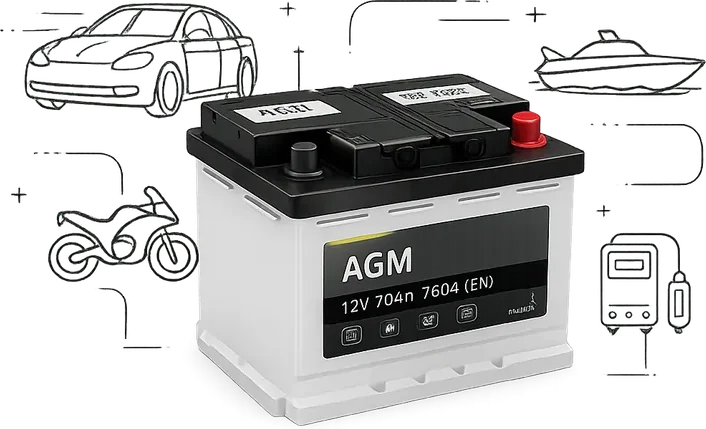 AGM-batteri med tekniska illustrationer för bil, båt, MC och laddare